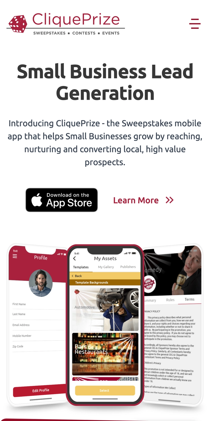 CliquePrize website mobile responsive view